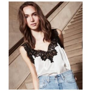 Love J Beige Blouse Sleeveless w/Black Lace Top sz S